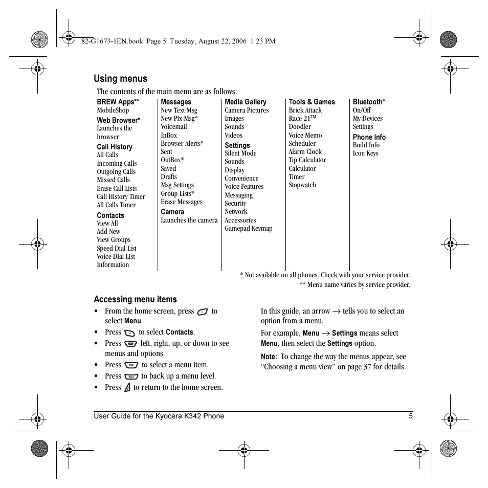 Using menus | Kyocera K342 User Manual | Page 11 / 80