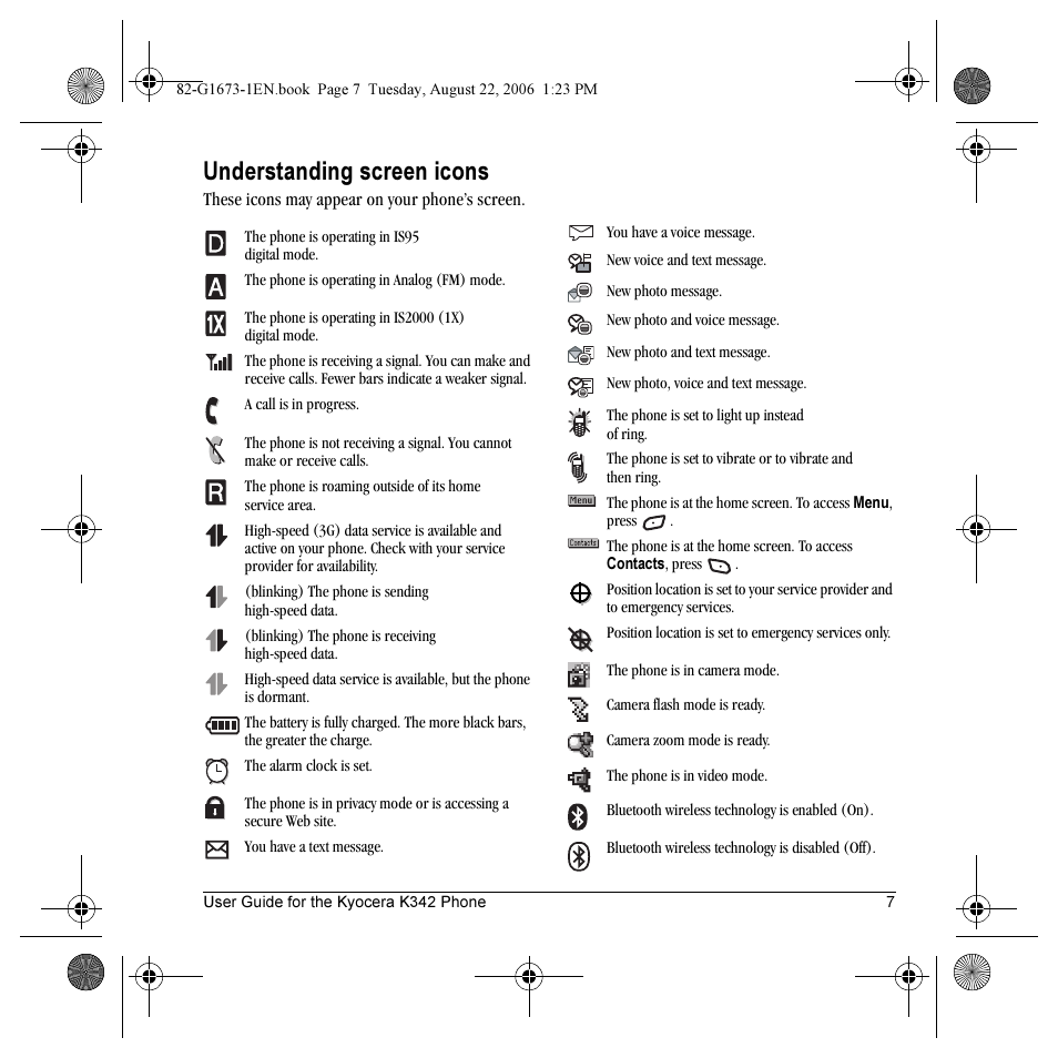Understanding screen icons | Kyocera K342 User Manual | Page 13 / 80