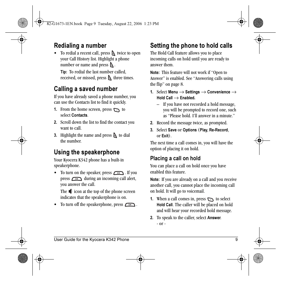 Redialing a number, Calling a saved number, Using the speakerphone | Setting the phone to hold calls | Kyocera K342 User Manual | Page 15 / 80