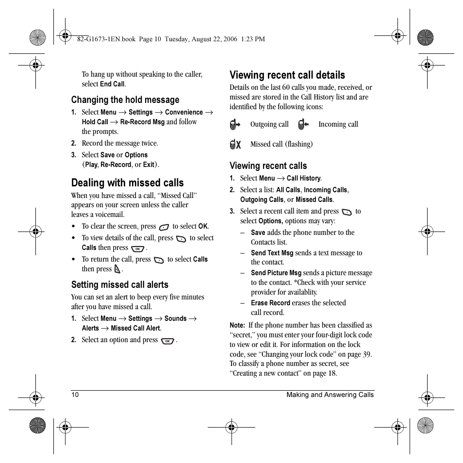 Dealing with missed calls, Viewing recent call details, Changing the hold message | Setting missed call alerts, Viewing recent calls | Kyocera K342 User Manual | Page 16 / 80