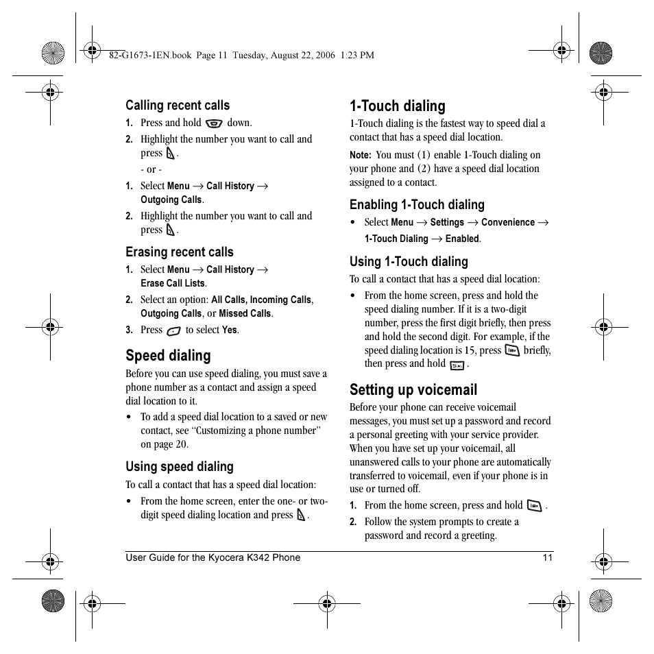 Speed dialing, Touch dialing, Setting up voicemail | Kyocera K342 User Manual | Page 17 / 80