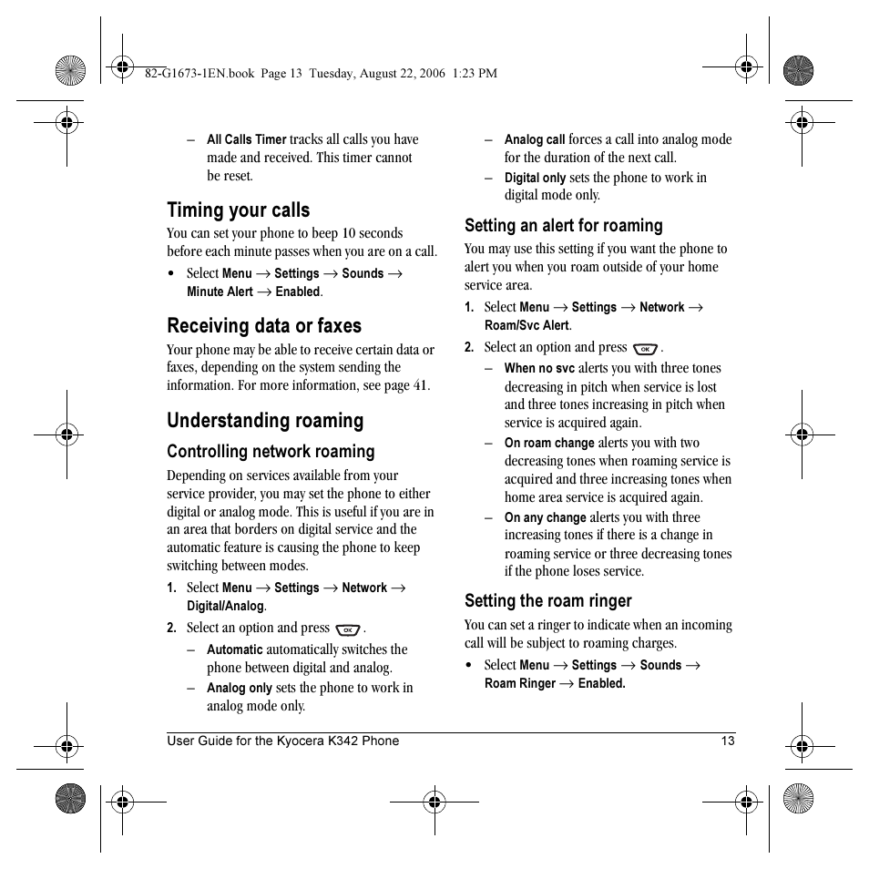 Timing your calls, Receiving data or faxes, Understanding roaming | Kyocera K342 User Manual | Page 19 / 80
