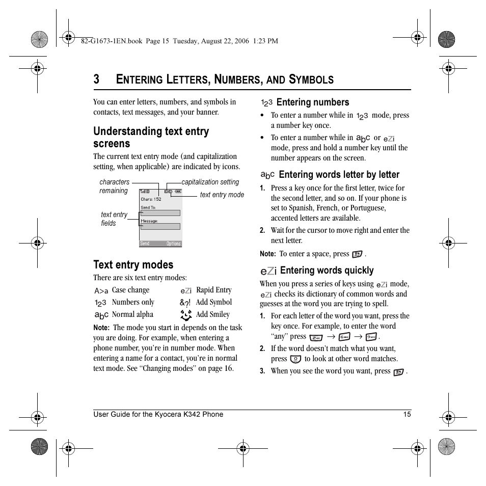 Understanding text entry screens, Text entry modes | Kyocera K342 User Manual | Page 21 / 80