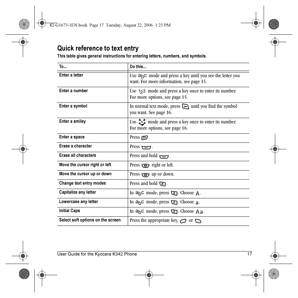 Quick reference to text entry | Kyocera K342 User Manual | Page 23 / 80