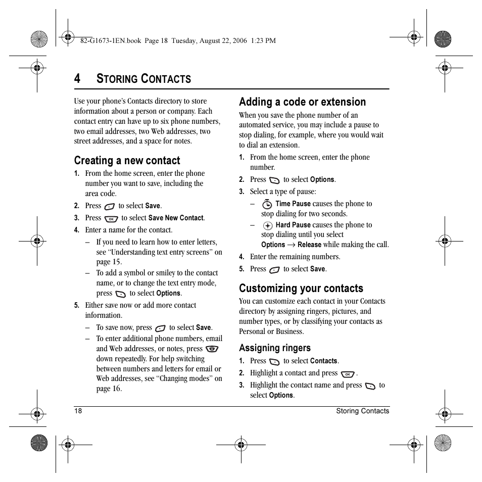 Creating a new contact, Adding a code or extension, Customizing your contacts | Toring, Ontacts | Kyocera K342 User Manual | Page 24 / 80