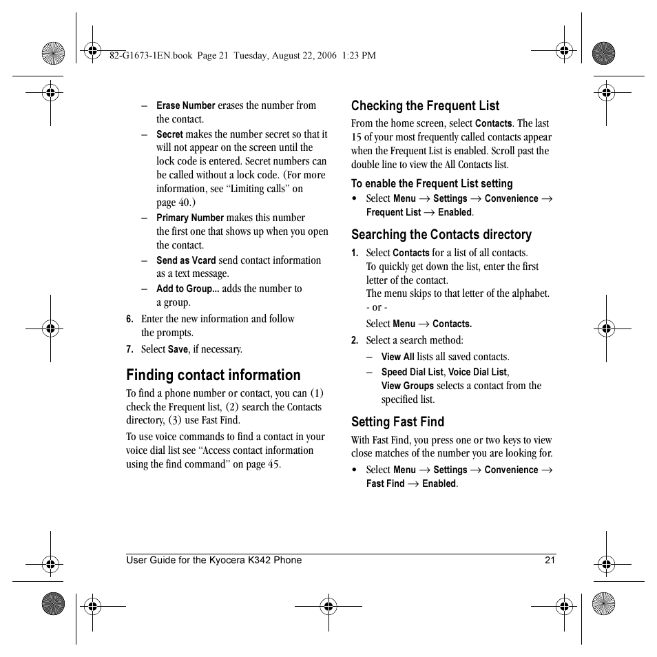 Finding contact information, Checking the frequent list, Searching the contacts directory | Setting fast find | Kyocera K342 User Manual | Page 27 / 80