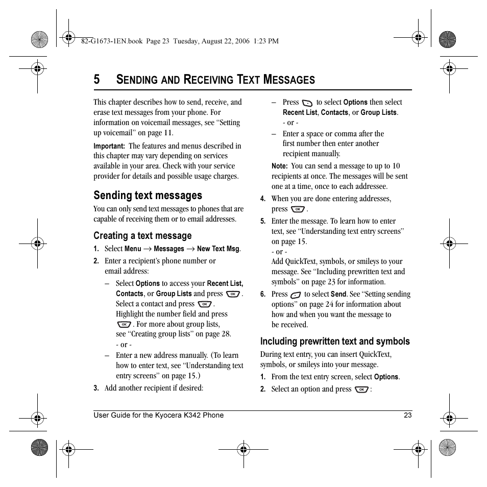 Sending text messages, Ending, Eceiving | Essages | Kyocera K342 User Manual | Page 29 / 80