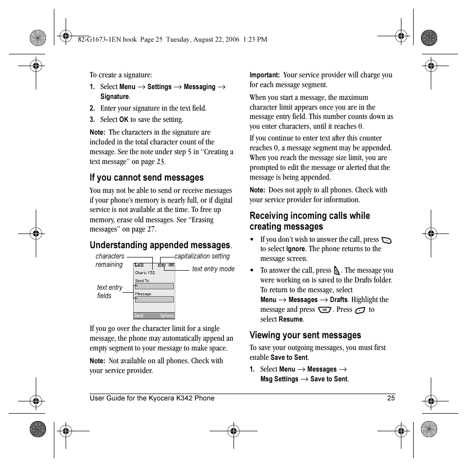 If you cannot send messages, Understanding appended messages, Receiving incoming calls while creating messages | Viewing your sent messages | Kyocera K342 User Manual | Page 31 / 80