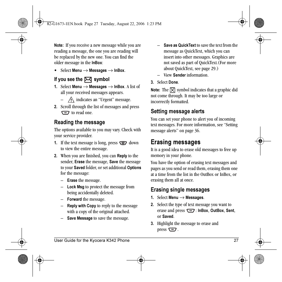 Erasing messages, Reading the message, Setting message alerts | Erasing single messages | Kyocera K342 User Manual | Page 33 / 80