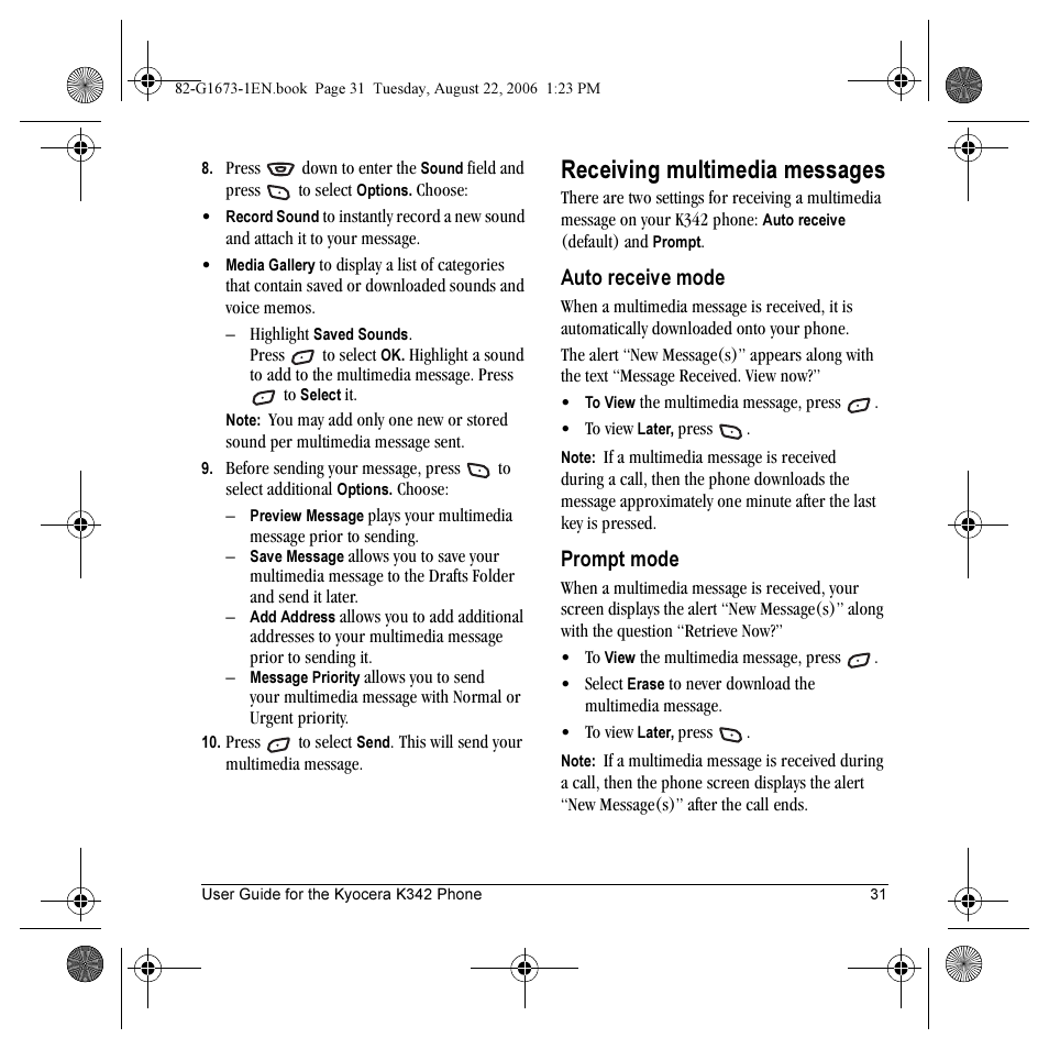 Receiving multimedia messages, Auto receive mode, Prompt mode | Kyocera K342 User Manual | Page 37 / 80