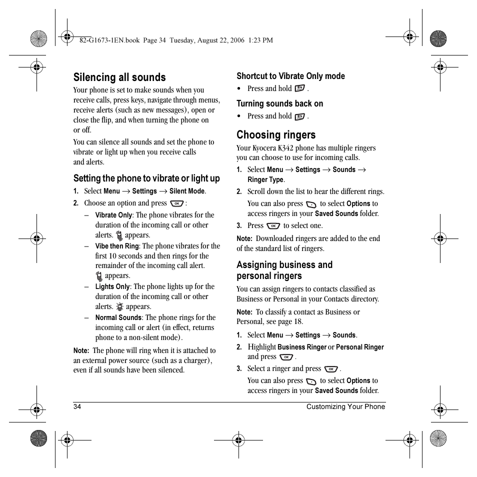 Silencing all sounds, Choosing ringers | Kyocera K342 User Manual | Page 40 / 80