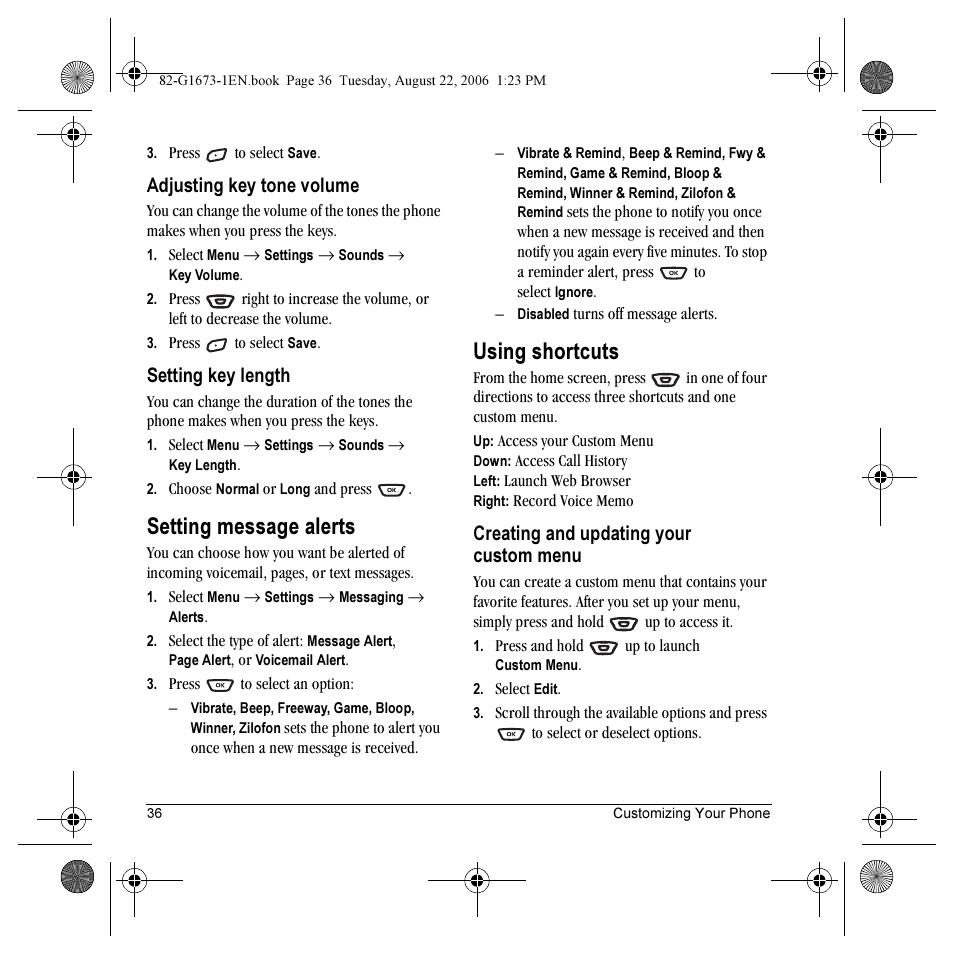 Setting message alerts, Using shortcuts, Adjusting key tone volume | Setting key length, Creating and updating your custom menu | Kyocera K342 User Manual | Page 42 / 80