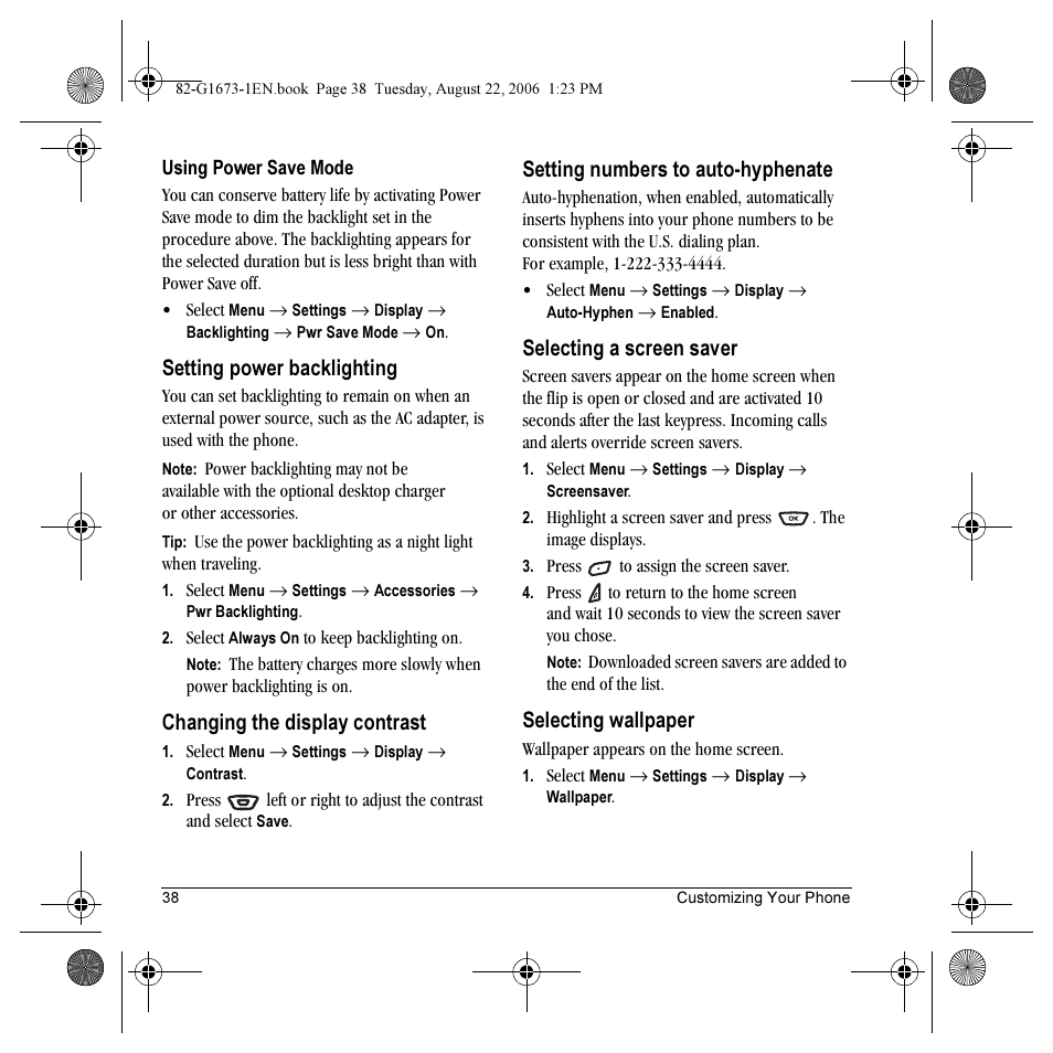 Setting power backlighting, Changing the display contrast, Setting numbers to auto-hyphenate | Selecting a screen saver, Selecting wallpaper | Kyocera K342 User Manual | Page 44 / 80