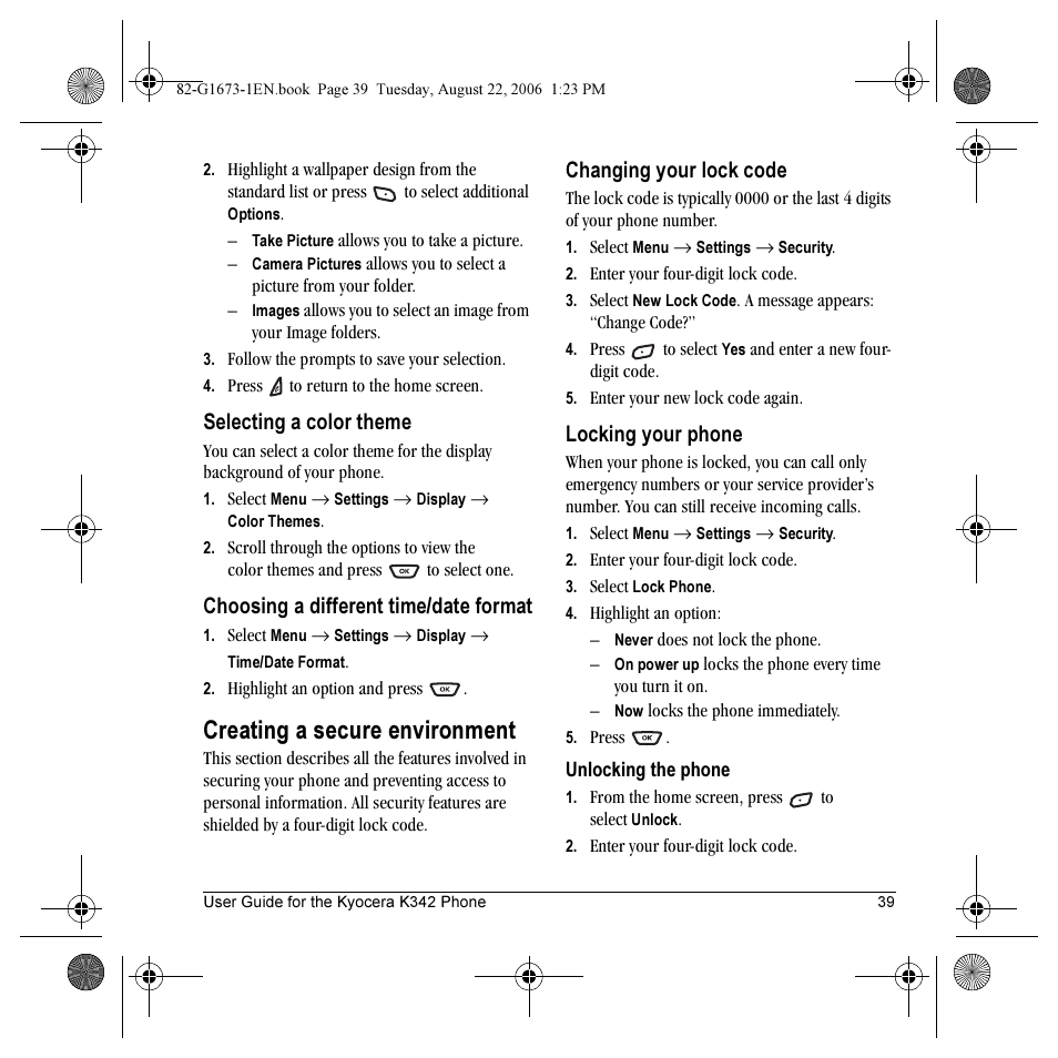 Creating a secure environment, Selecting a color theme, Choosing a different time/date format | Changing your lock code, Locking your phone | Kyocera K342 User Manual | Page 45 / 80