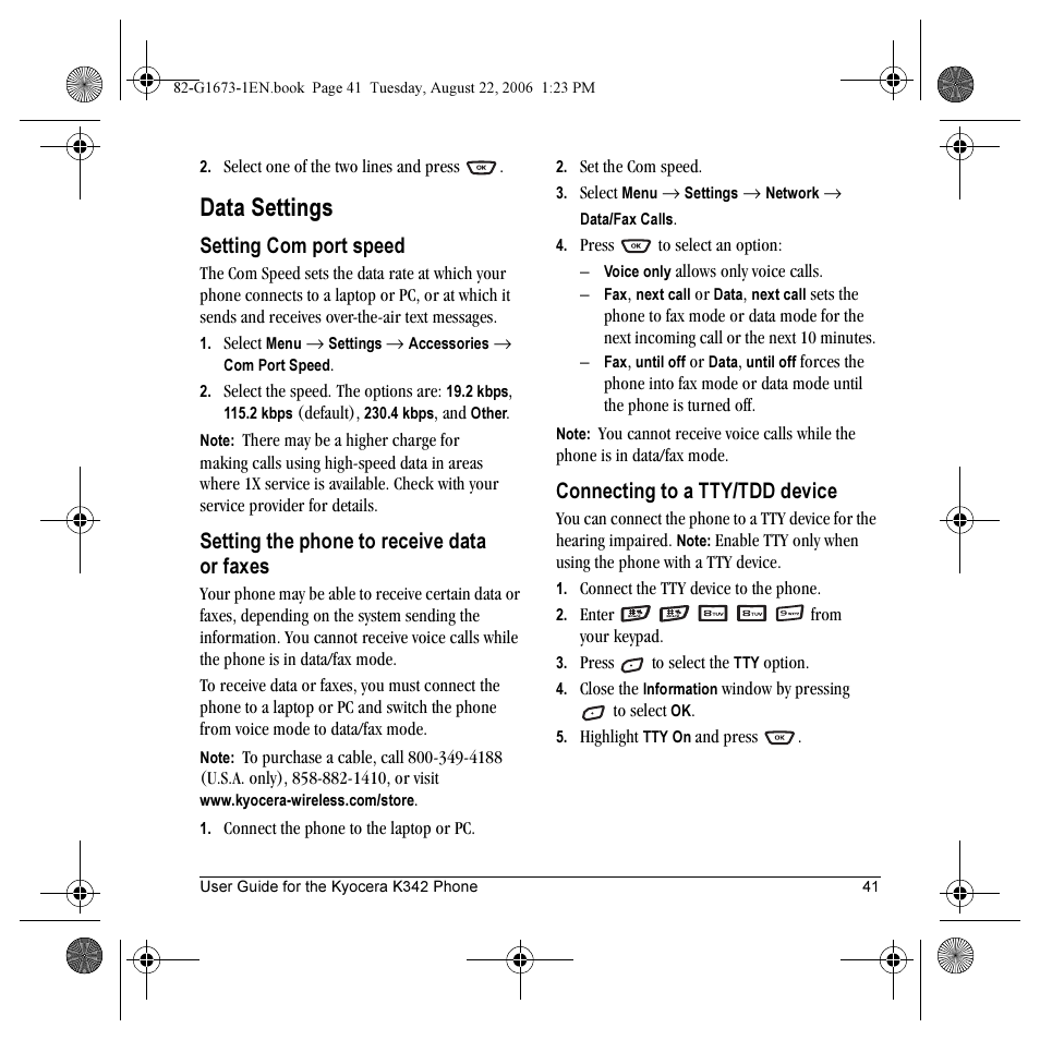 Data settings, Setting com port speed, Setting the phone to receive data or faxes | Connecting to a tty/tdd device | Kyocera K342 User Manual | Page 47 / 80