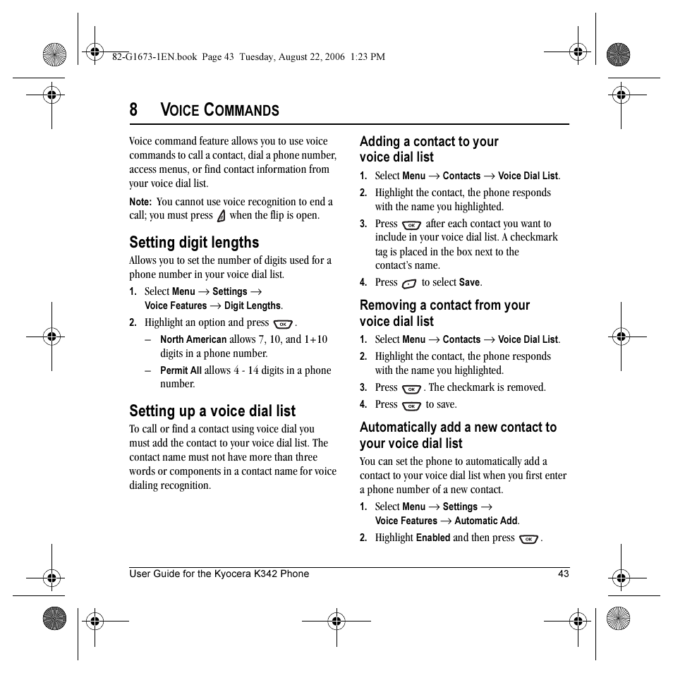 Setting digit lengths, Setting up a voice dial list, Oice | Ommands | Kyocera K342 User Manual | Page 49 / 80