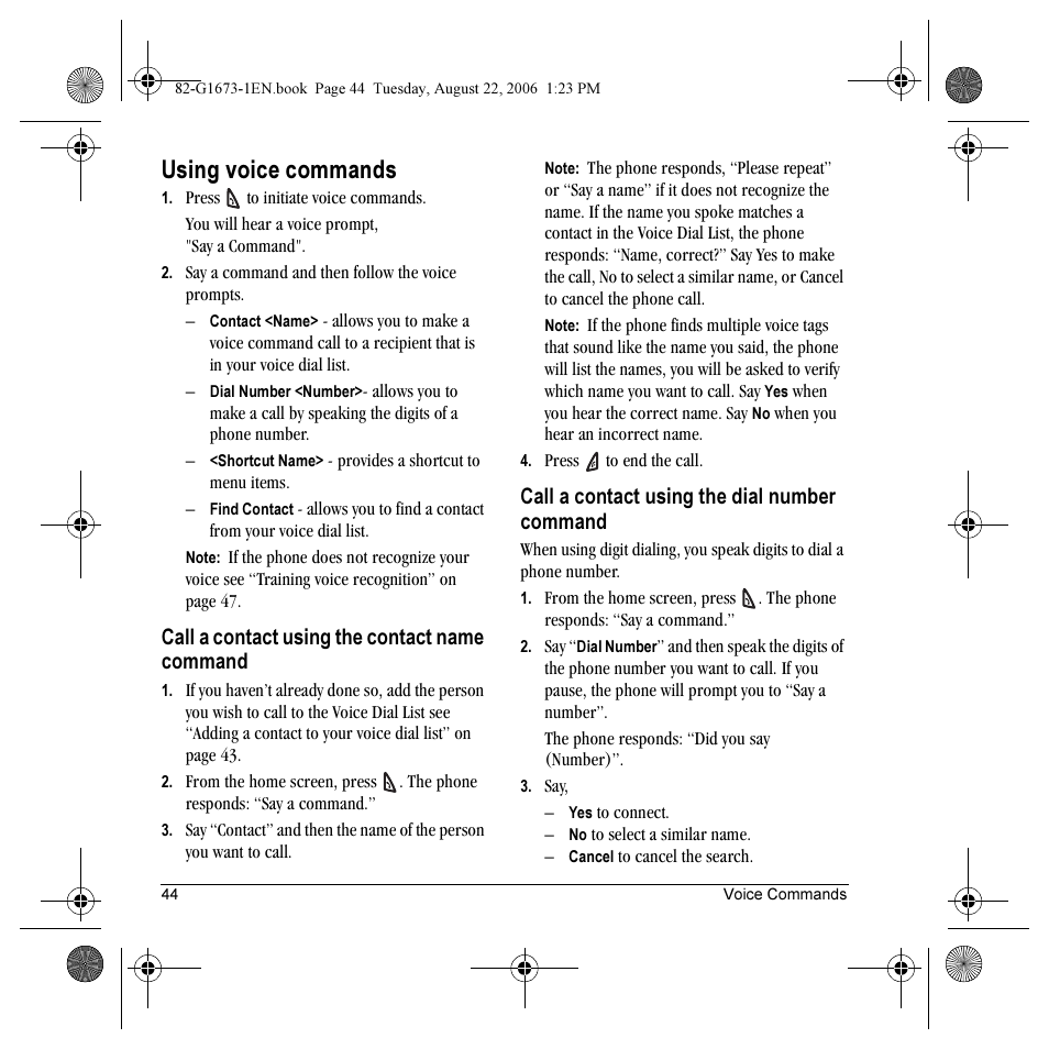 Using voice commands, Call a contact using the contact name command, Call a contact using the dial number command | Kyocera K342 User Manual | Page 50 / 80