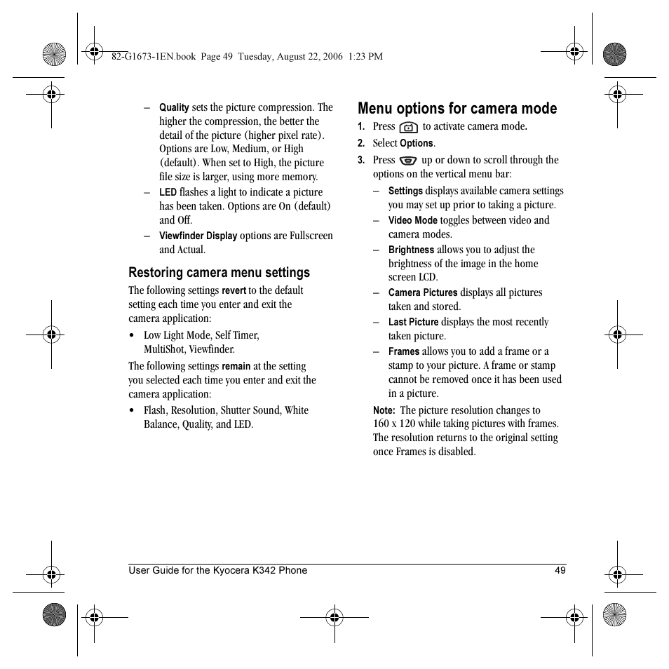 Menu options for camera mode, Restoring camera menu settings | Kyocera K342 User Manual | Page 55 / 80