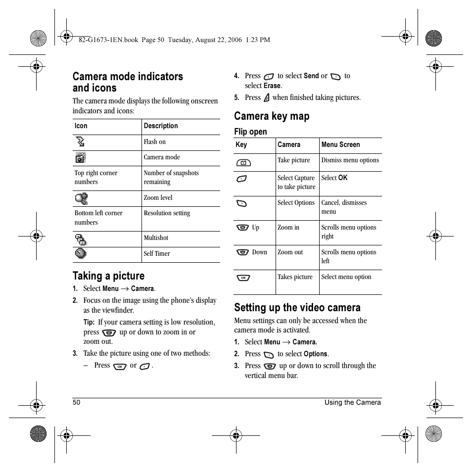 Camera mode indicators and icons, Taking a picture, Camera key map | Setting up the video camera | Kyocera K342 User Manual | Page 56 / 80