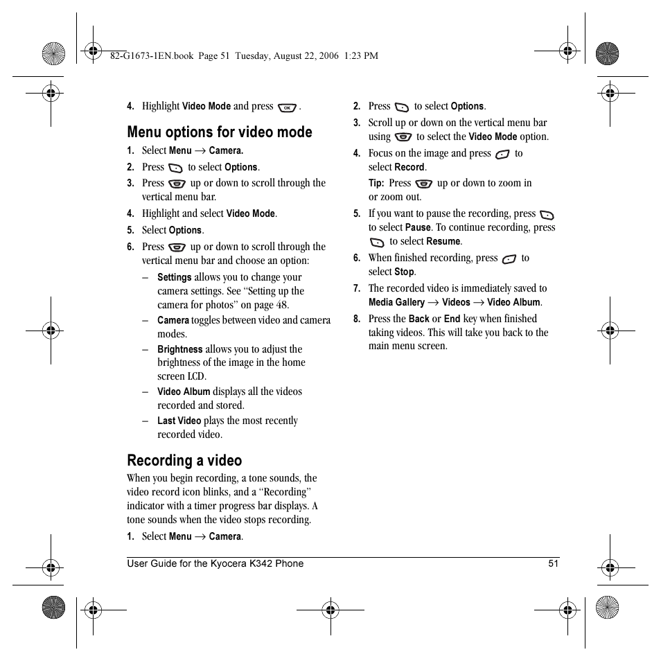 Menu options for video mode, Recording a video | Kyocera K342 User Manual | Page 57 / 80