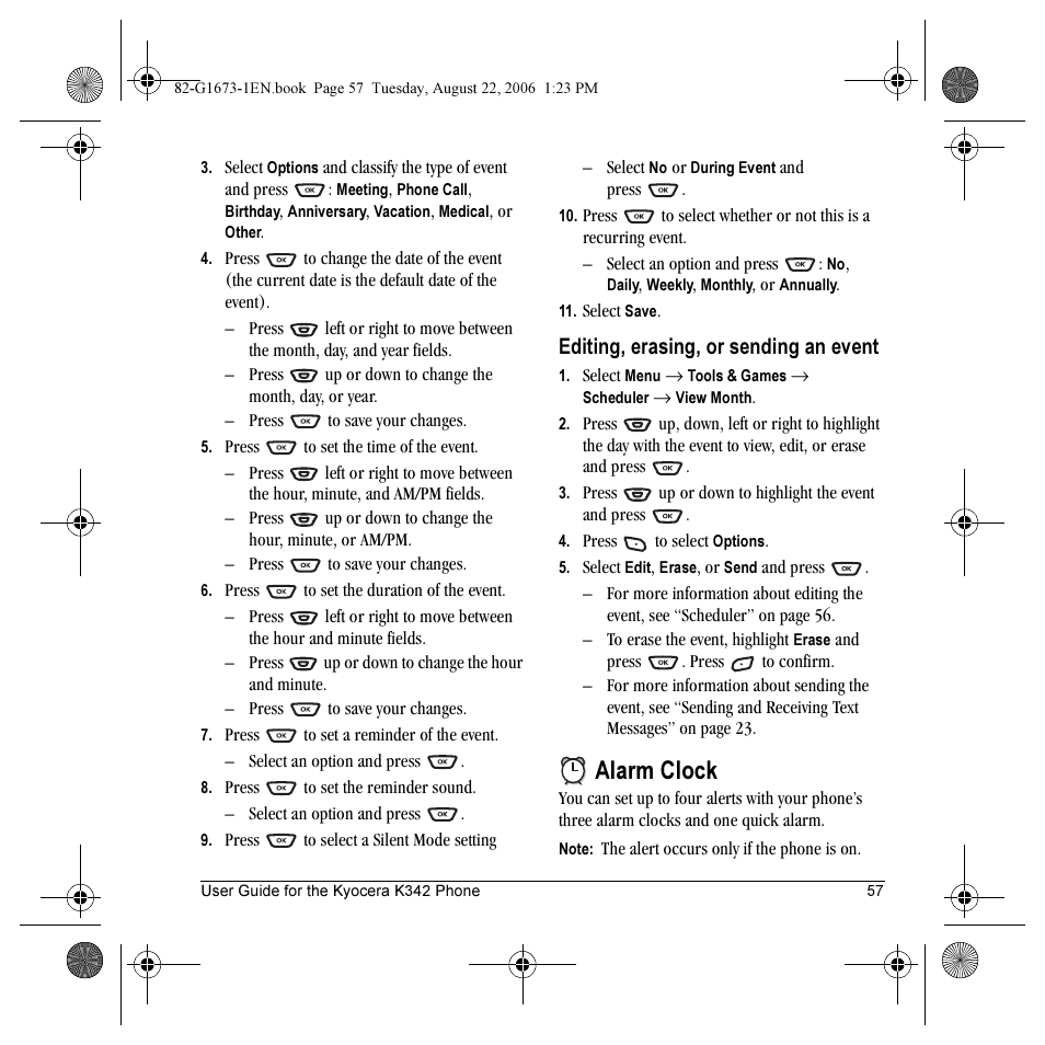 Alarm clock, Editing, erasing, or sending an event | Kyocera K342 User Manual | Page 63 / 80