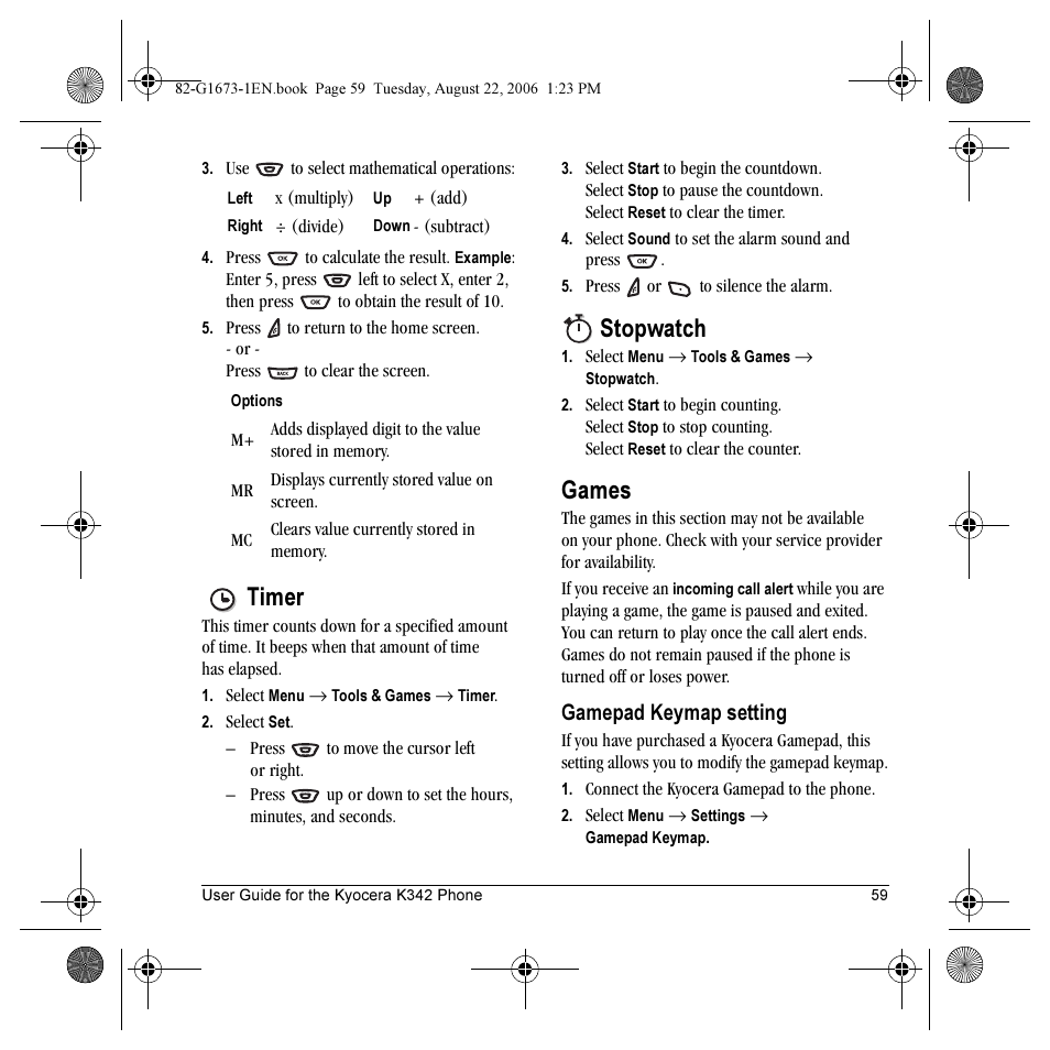 Timer, Stopwatch, Games | Gamepad keymap setting | Kyocera K342 User Manual | Page 65 / 80
