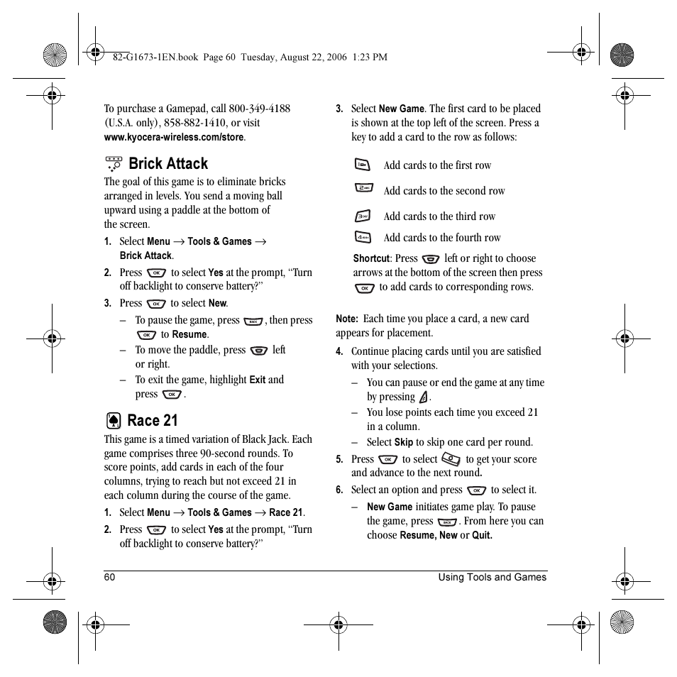 Brick attack, Race 21 | Kyocera K342 User Manual | Page 66 / 80