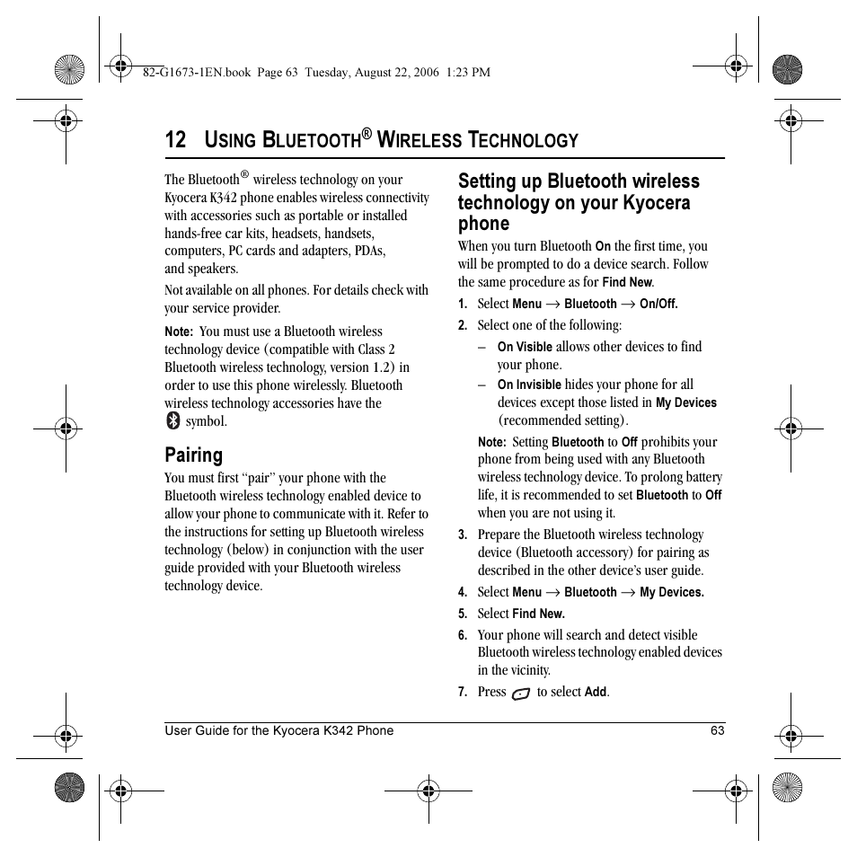 12 u, Pairing, Sing | Luetooth, Ireless, Echnology | Kyocera K342 User Manual | Page 69 / 80