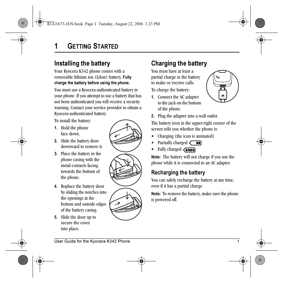Installing the battery, Charging the battery, Etting | Tarted | Kyocera K342 User Manual | Page 7 / 80