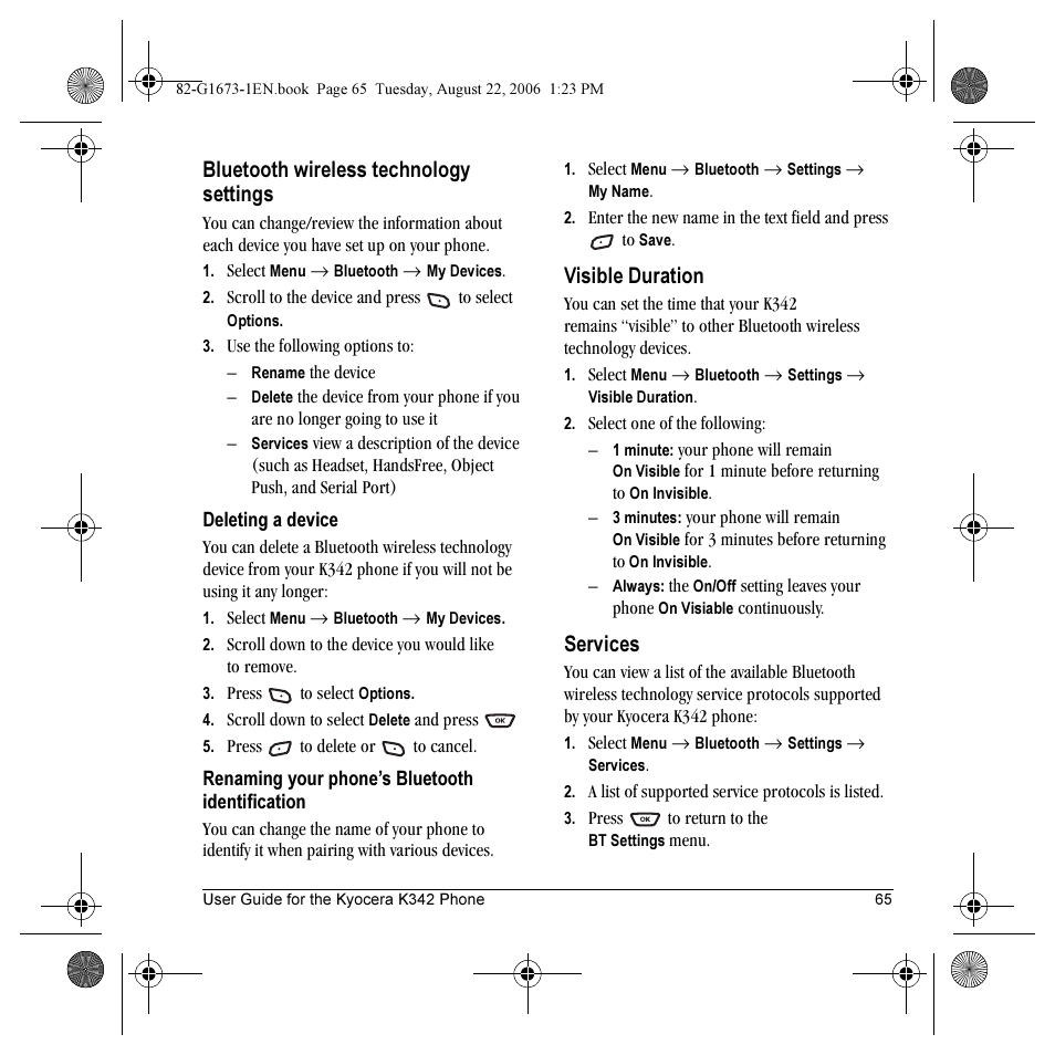 Bluetooth wireless technology settings, Visible duration, Services | Kyocera K342 User Manual | Page 71 / 80