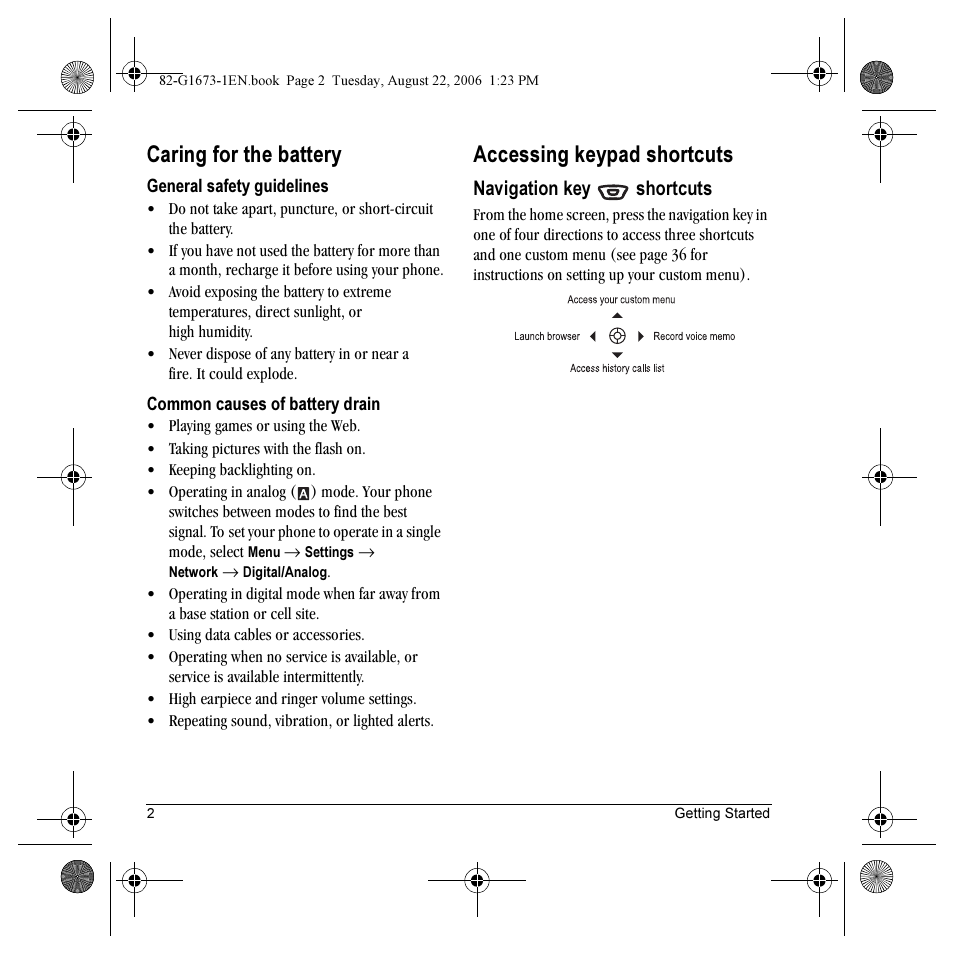 Caring for the battery, Accessing keypad shortcuts | Kyocera K342 User Manual | Page 8 / 80