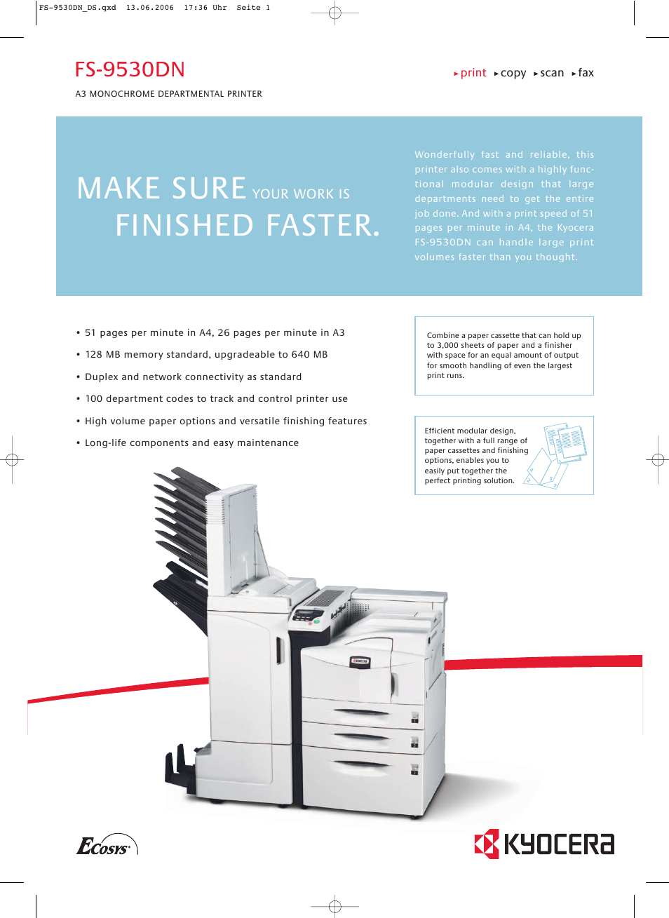 Kyocera A3 Monochrome Departmental Printer FS-9530DN User Manual | 2 pages