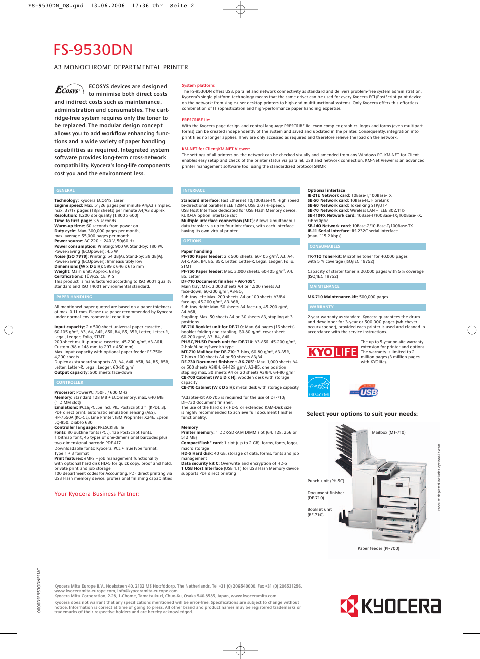 Fs-9530dn, Your kyocera business partner, A3 monochrome departmental printer | Select your options to suit your needs | Kyocera A3 Monochrome Departmental Printer FS-9530DN User Manual | Page 2 / 2
