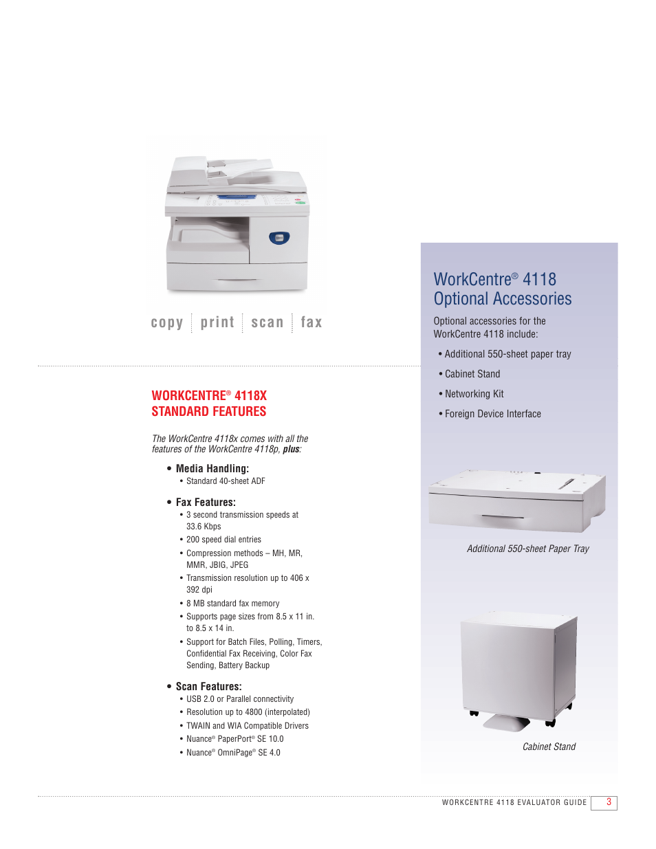 4118 optional accessories, Copy print scan fax, Workcentre | 4118x standard features | Kyocera 4118 User Manual | Page 5 / 16