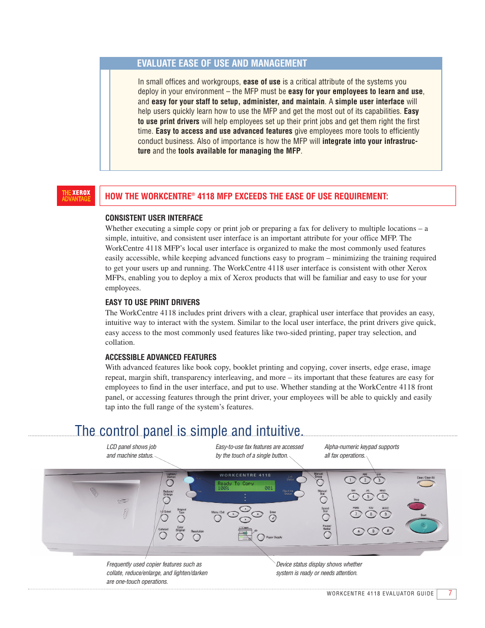 The control panel is simple and intuitive, Evaluate ease of use and management | Kyocera 4118 User Manual | Page 9 / 16