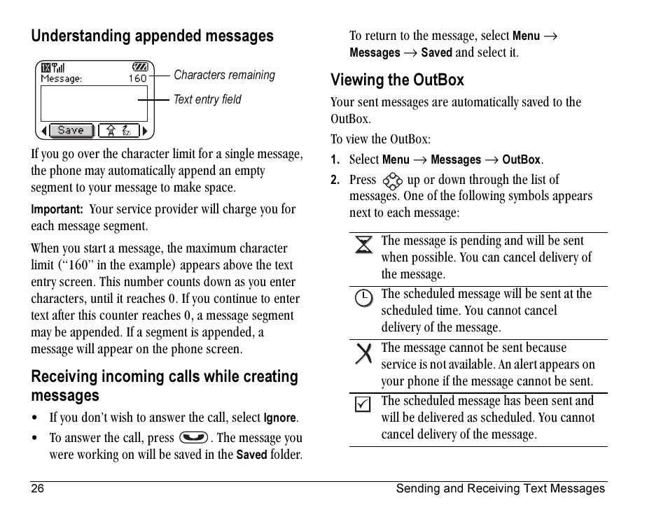 Understanding appended messages, Receiving incoming calls while creating messages, Viewing the outbox | Kyocera Rave KE433 User Manual | Page 34 / 64