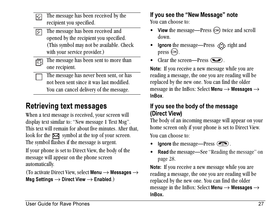 Retrieving text messages | Kyocera Rave KE433 User Manual | Page 35 / 64