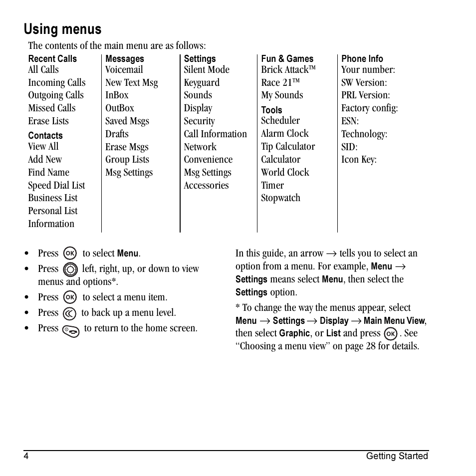 Using menus | Kyocera Prisma KX17 User Manual | Page 12 / 48