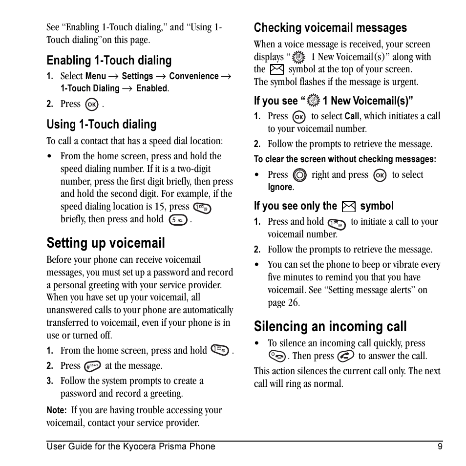 Setting up voicemail, Silencing an incoming call, Enabling 1-touch dialing | Using 1-touch dialing, Checking voicemail messages | Kyocera Prisma KX17 User Manual | Page 17 / 48