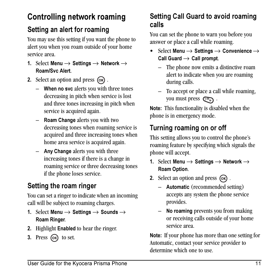 Controlling network roaming, Setting an alert for roaming, Setting the roam ringer | Setting call guard to avoid roaming calls, Turning roaming on or off | Kyocera Prisma KX17 User Manual | Page 19 / 48