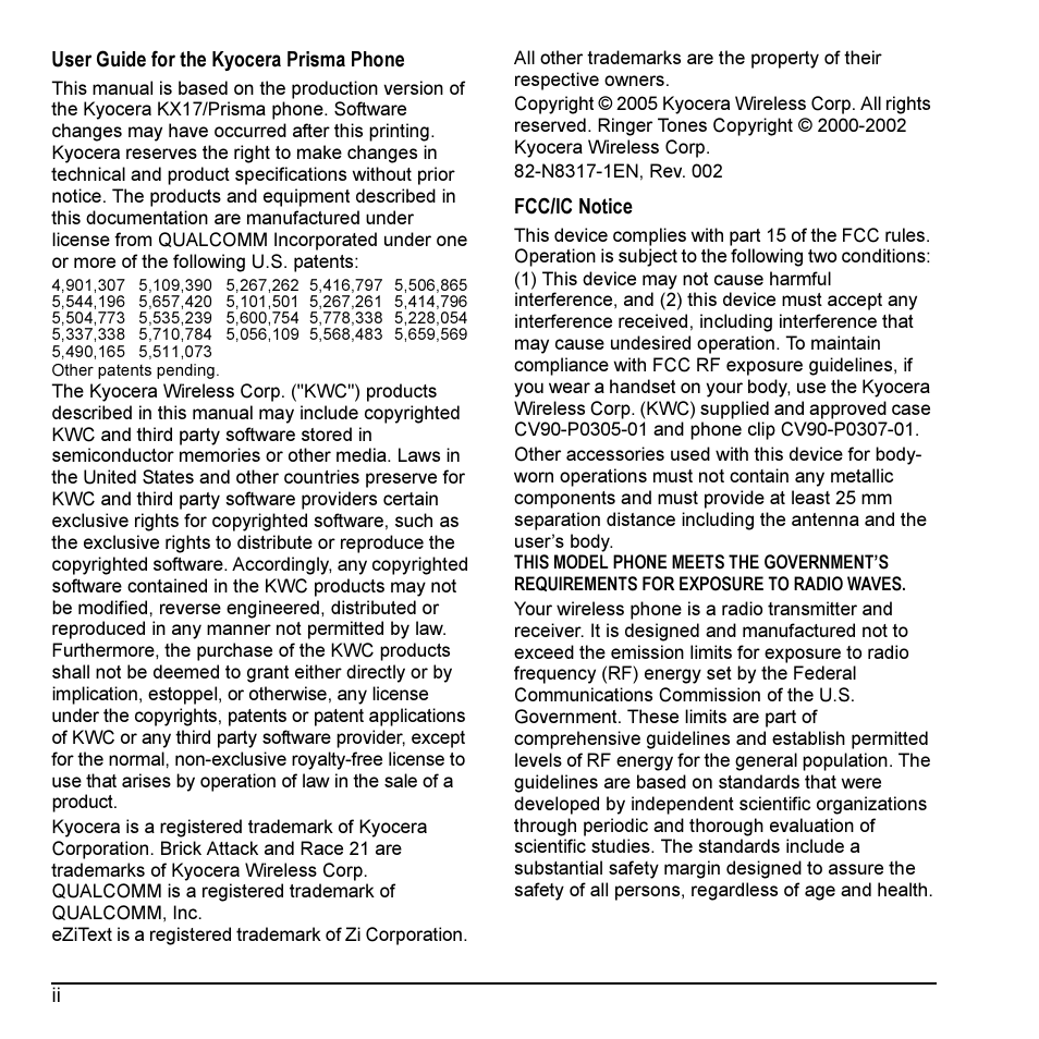 Kyocera Prisma KX17 User Manual | Page 2 / 48