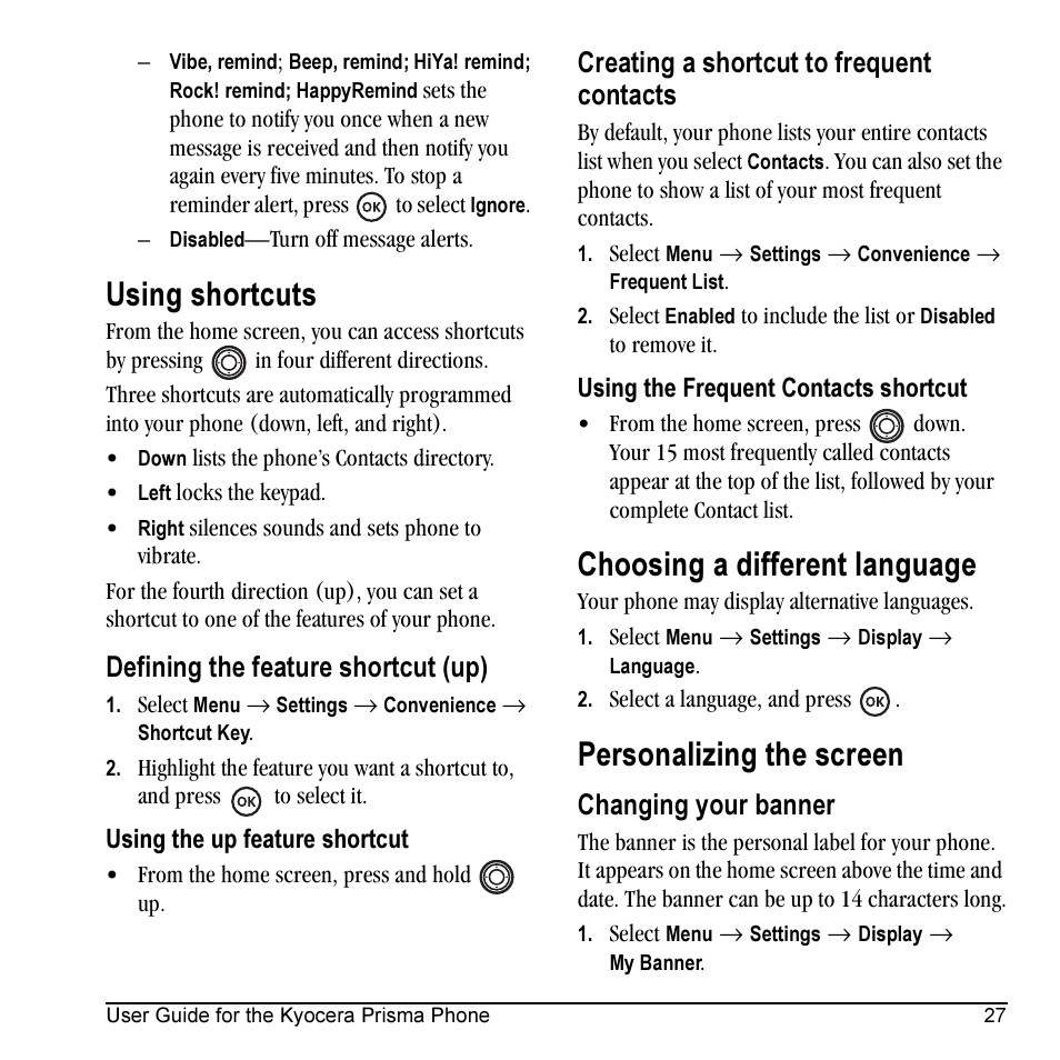 Using shortcuts, Choosing a different language, Personalizing the screen | Defining the feature shortcut (up), Creating a shortcut to frequent contacts, Changing your banner | Kyocera Prisma KX17 User Manual | Page 35 / 48