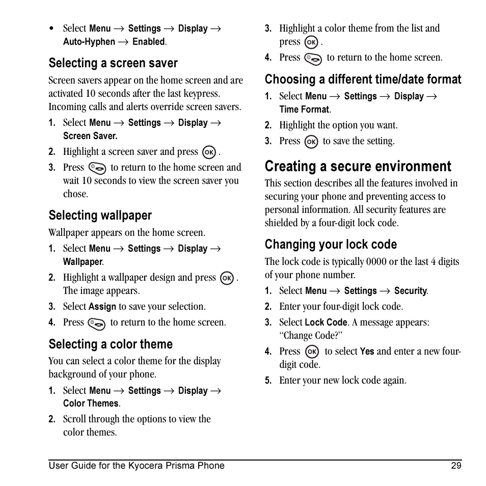 Creating a secure environment, Selecting a screen saver, Selecting wallpaper | Selecting a color theme, Choosing a different time/date format, Changing your lock code | Kyocera Prisma KX17 User Manual | Page 37 / 48