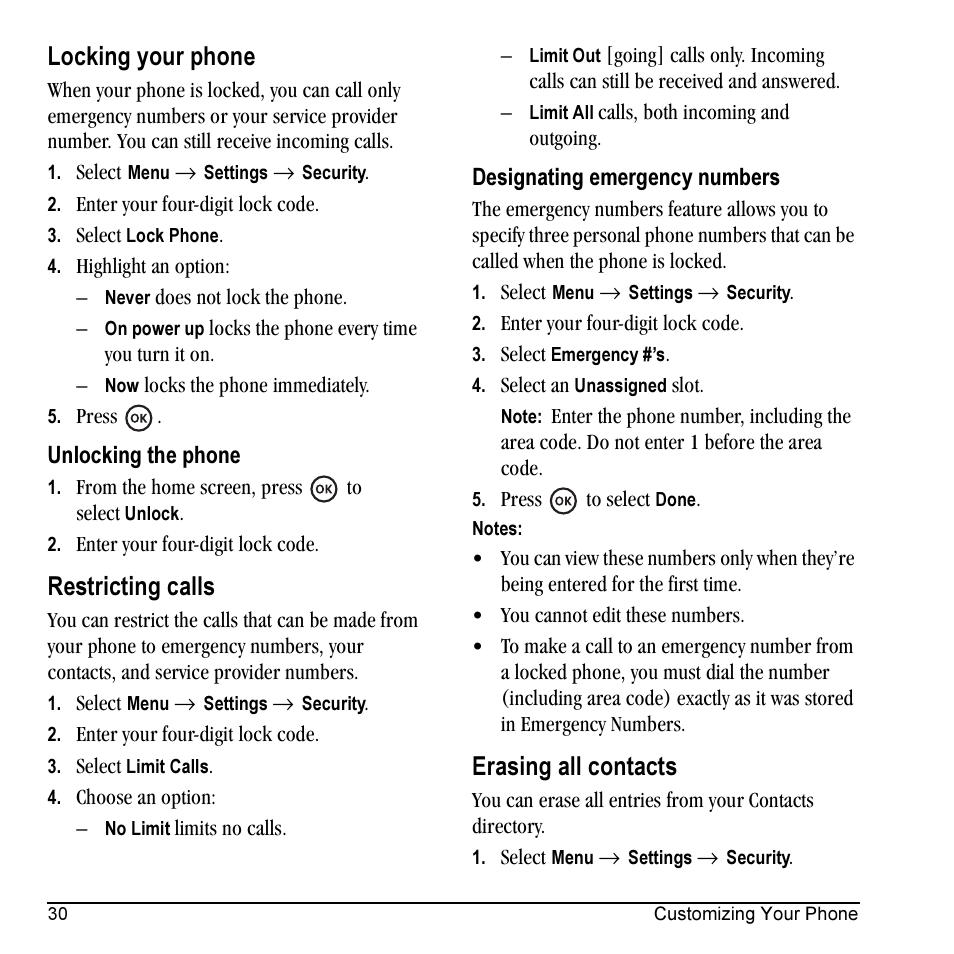 Locking your phone, Restricting calls, Erasing all contacts | Kyocera Prisma KX17 User Manual | Page 38 / 48