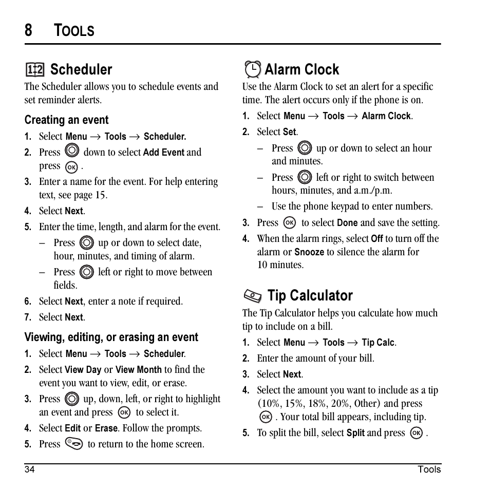 Scheduler, Alarm clock, Tip calculator | Ools | Kyocera Prisma KX17 User Manual | Page 42 / 48