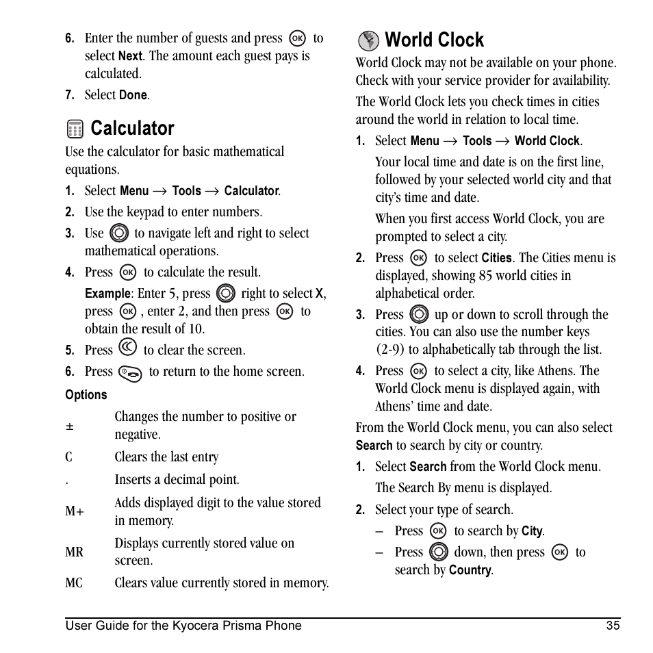 Calculator, World clock | Kyocera Prisma KX17 User Manual | Page 43 / 48