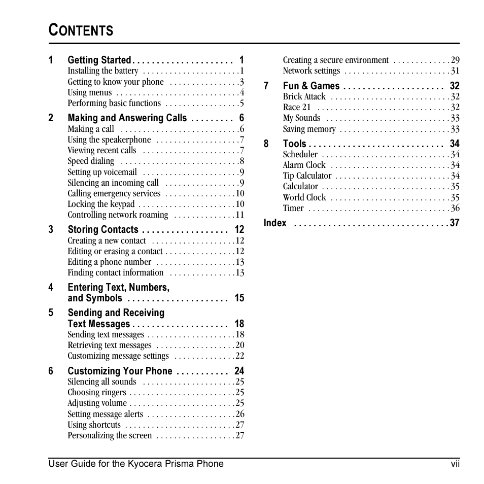 Ontents | Kyocera Prisma KX17 User Manual | Page 7 / 48