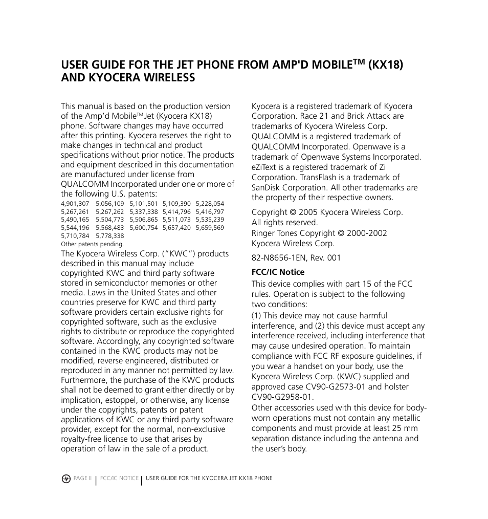 User guide for the jet phone from amp'd mobile, Kx18) and kyocera wireless | Kyocera Jet KX18 User Manual | Page 2 / 95