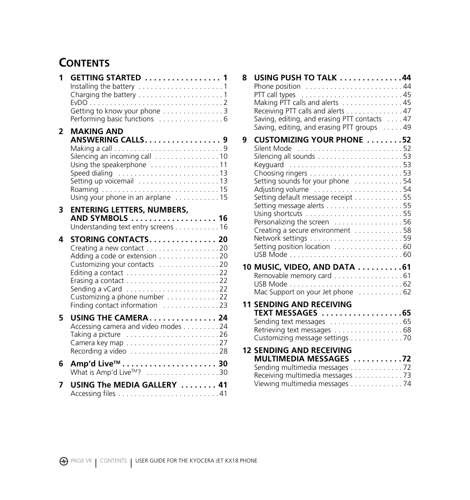 Ontents | Kyocera Jet KX18 User Manual | Page 7 / 95