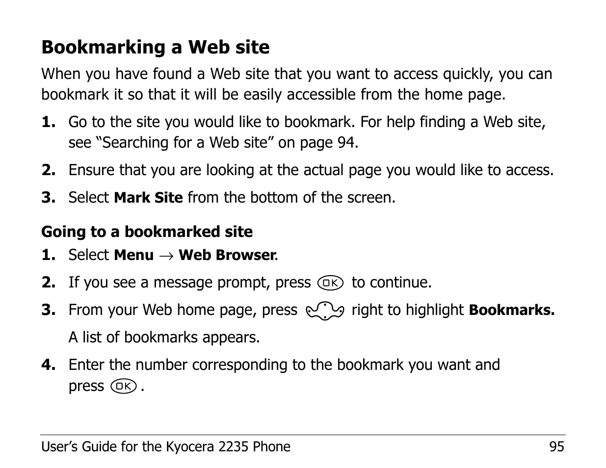 Bookmarking a web site | Kyocera Phone 2235 User Manual | Page 115 / 136